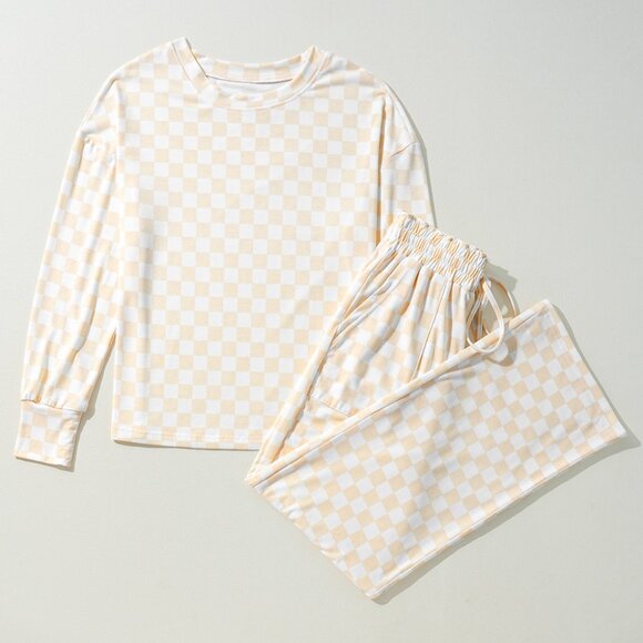 Beige Checkered Print Long Sleeve Top and Pants Lounge Set - Picture 5 of 13